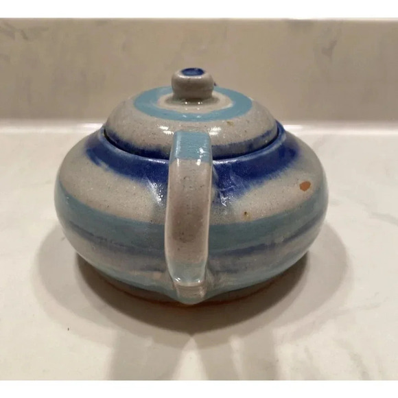 Small Teapot Blue Glazed Pottery 3.75" H  X 4.75" W X 7.5" L - Picture 3 of 8